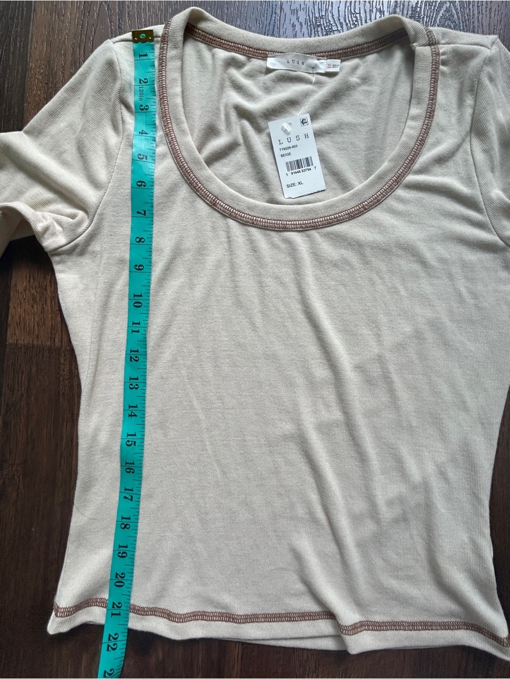 Lush XL Beige Scoop Neck Long Sleeve Knit Top Contrast Stitch NWT - Picture 7 of 7